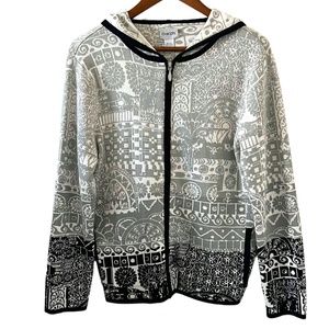 Chico's Silk Blend Full Zip Geometric Print Hooded Sweater Size M